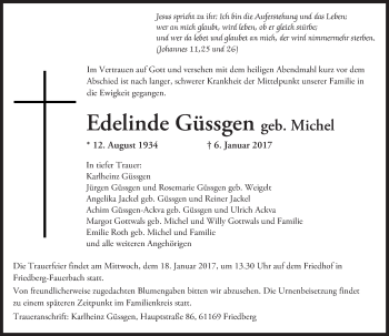 Traueranzeige von Edelinde Güssgen von  Kreisanzeiger