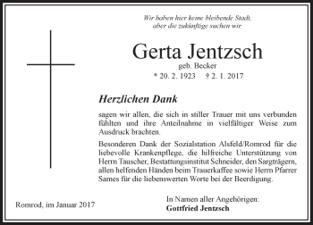 Traueranzeige von Gerta Jentzsch von VRM Trauer