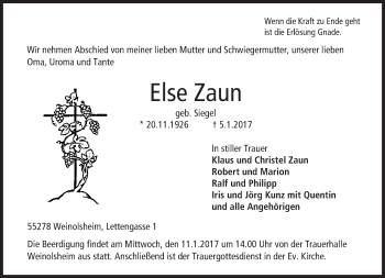Traueranzeige von Else Zaun von Trauerportal Rhein Main Presse