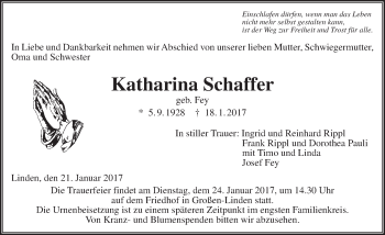 Traueranzeige von Katharina Schaffer von  Gießener Anzeiger