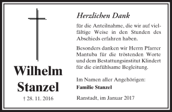 Traueranzeige von Wilhelm Stanzel von  Kreisanzeiger