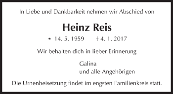 Traueranzeige von Heinz Reis von Trauerportal Echo Online