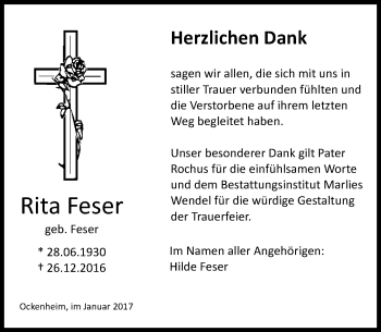 Traueranzeige von Rita Feser von Trauerportal Rhein Main Presse