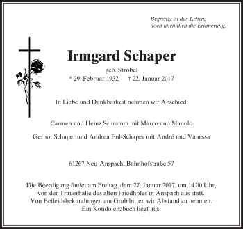 Traueranzeige von Irmgard Schaper von  Usinger Anzeiger