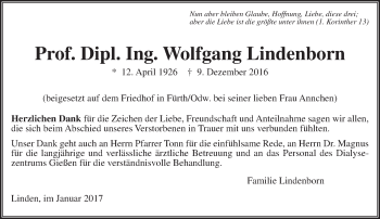 Traueranzeige von Wolfgang Lindenborn von  Gießener Anzeiger