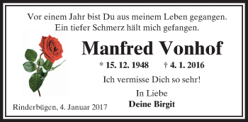 Traueranzeige von Manfred Vonhof von  Kreisanzeiger