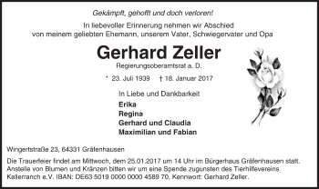 Traueranzeige von Gerhard Zeller von Trauerportal Echo Online