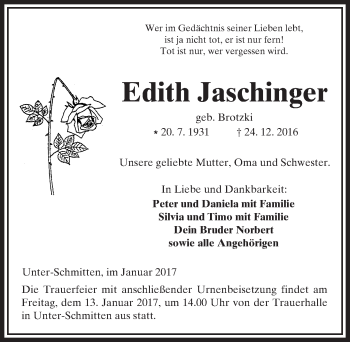 Traueranzeige von Edith Jaschinger von  Kreisanzeiger