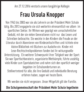 Traueranzeige von Ursula Knopper von Trauerportal Rhein Main Presse