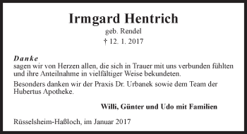 Traueranzeige von Irmgard Hentrich von Trauerportal Rhein Main Presse