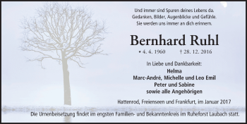 Traueranzeige von Bernhard Ruhl von  Kreisanzeiger
