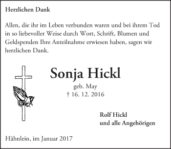 Traueranzeige von Sonja Hickl von Trauerportal Echo Online
