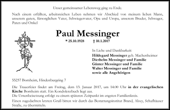 Traueranzeige von Paul Messinger von Trauerportal Rhein Main Presse