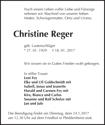 Traueranzeige von Christine Reger von Trauerportal Rhein Main Presse