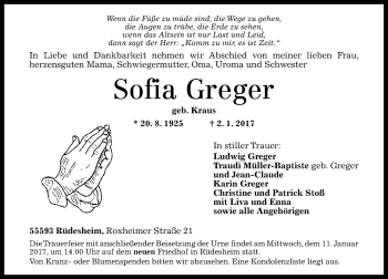 Traueranzeige von Sofia Greger von Trauerportal Rhein Main Presse
