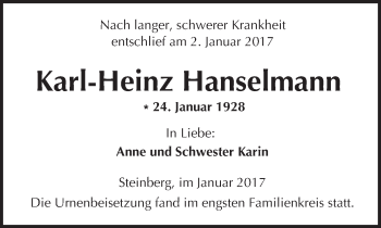 Traueranzeige von Karl-Heinz Hanselmann von  Kreisanzeiger