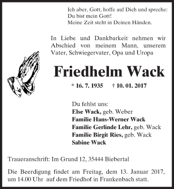 Traueranzeige von Friedhelm Wack von  Gießener Anzeiger