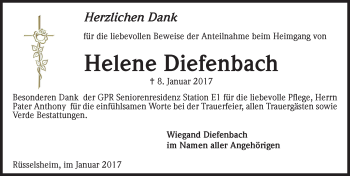Traueranzeige von Helene Diefenbach von Trauerportal Rhein Main Presse
