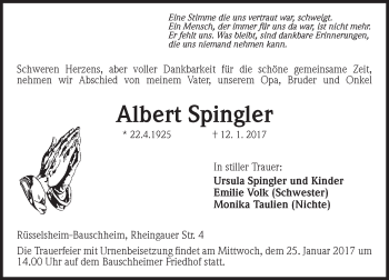 Traueranzeige von Albert Spingler von Trauerportal Rhein Main Presse
