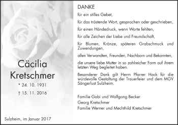 Traueranzeige von Cäcilia Kretschmer von Trauerportal Rhein Main Presse