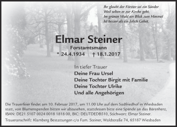 Traueranzeige von Elmar Steiner von Trauerportal Rhein Main Presse