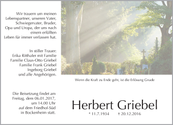 Traueranzeige von Herbert Griebel von Trauerportal Rhein Main Presse