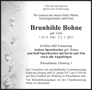 Traueranzeige von Brunhilde Bohne von Trauerportal Rhein Main Presse