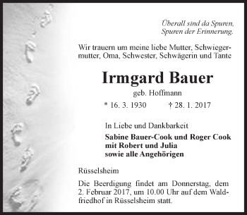 Traueranzeige von Irmgard Bauer von Trauerportal Rhein Main Presse