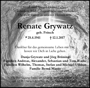 Traueranzeige von Renate Grywatz von Trauerportal Rhein Main Presse