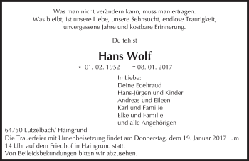 Traueranzeige von Hans Wolf von Trauerportal Echo Online