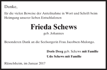 Traueranzeige von Frieda Schews von Trauerportal Rhein Main Presse