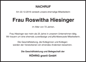 Traueranzeige von Roswitha Hiesinger von Trauerportal Echo Online