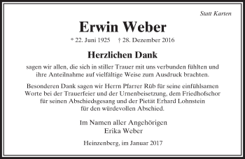 Traueranzeige von Erwin Weber von  Usinger Anzeiger