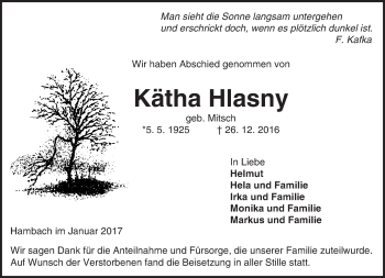 Traueranzeige von Kätha Hlasny von Trauerportal Echo Online