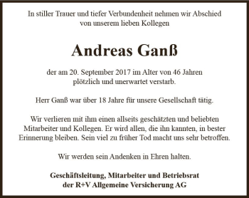 Traueranzeige von Andreas Ganß von Trauerportal Rhein Main Presse