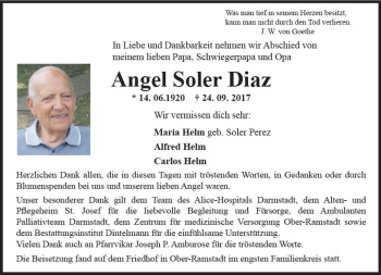Traueranzeige von Angel Soler Diaz von Trauerportal Echo Online