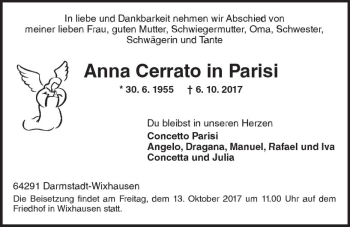 Traueranzeige von Anna Cerrato in Parisi von Trauerportal Echo Online