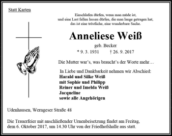 Traueranzeige von Anneliese Weiß von VRM Trauer