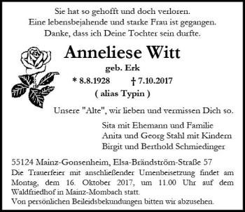 Traueranzeige von Anneliese Witt von Trauerportal Rhein Main Presse