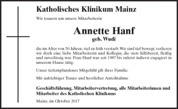 Traueranzeige von Annette Hanf von Trauerportal Rhein Main Presse