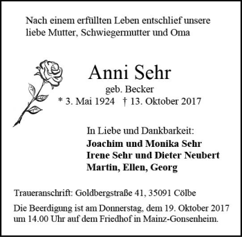 Traueranzeige von Anni Sehr von Trauerportal Rhein Main Presse