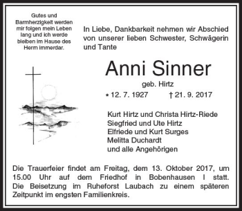 Traueranzeige von Anni Sinner von  Kreisanzeiger