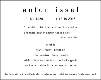 Traueranzeige von Anton Issel von Trauerportal Rhein Main Presse
