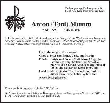 Traueranzeige von Anton Mumm von Trauerportal Rhein Main Presse