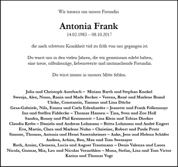 Traueranzeige von Antonia Frank von Trauerportal Rhein Main Presse