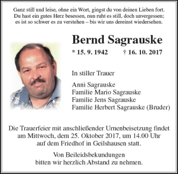 Traueranzeige von Bernd Sagrauske von  Gießener Anzeiger