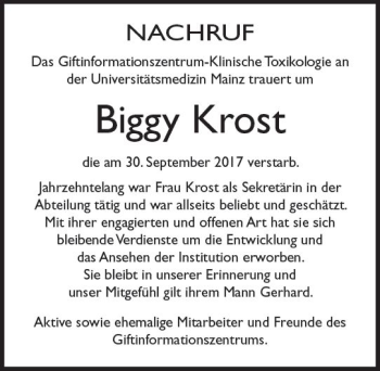 Traueranzeige von Biggy Krost von Trauerportal Rhein Main Presse