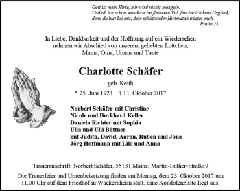 Traueranzeige von Charlotte Schäfer von Trauerportal Rhein Main Presse
