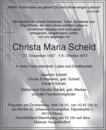 Traueranzeige von Christa Maria Scheld von Trauerportal Rhein Main Presse