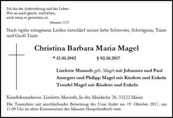 Traueranzeige von Christina Barbara Maria Magel von Trauerportal Rhein Main Presse